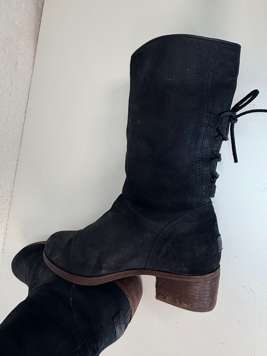 UGG Australia Black Leather Lace Back Mid Calf Boots Womens 8.5 Cozy Warm - Picture 8 of 15